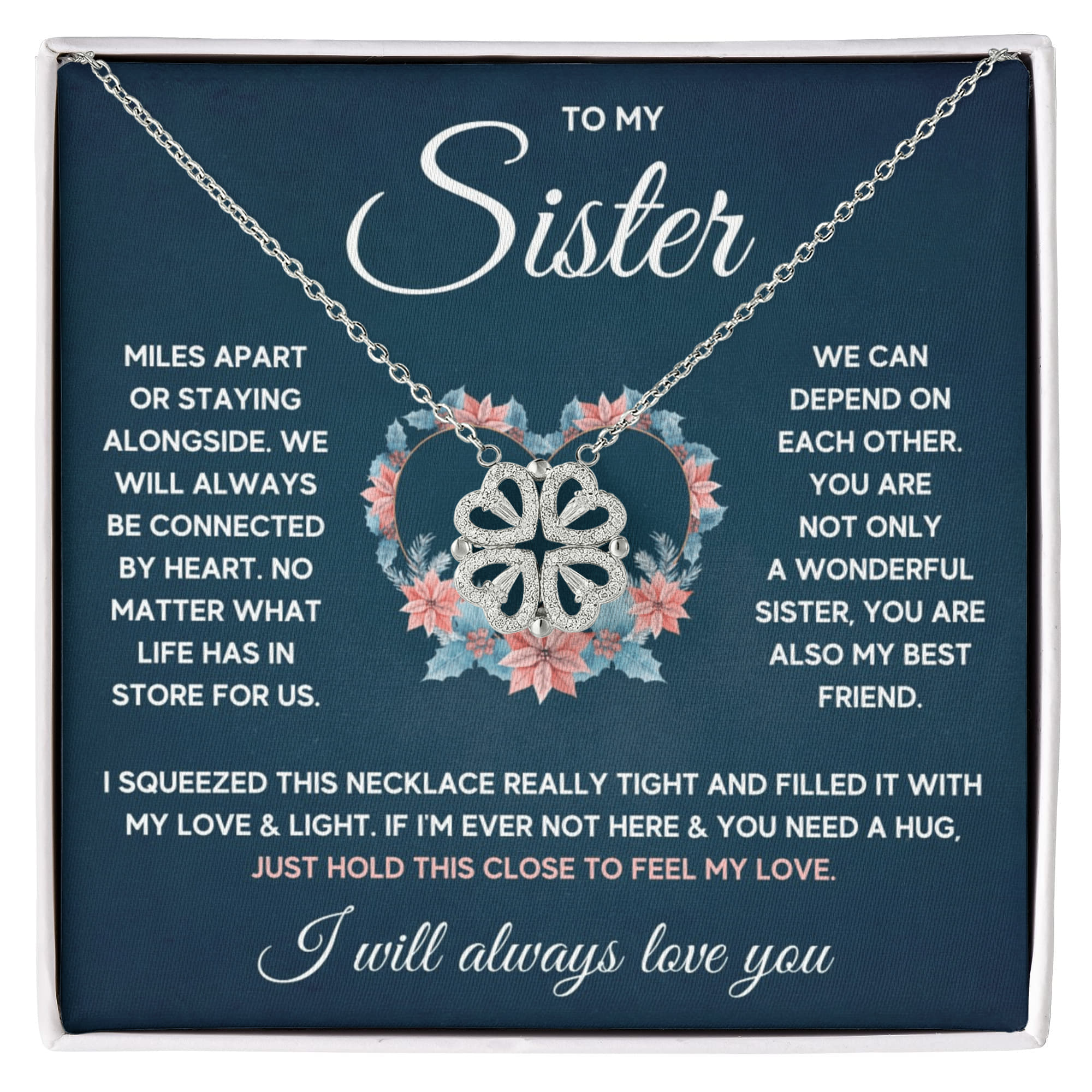 To My Sister Magnetic Heart Clover Necklace – Forever Connected Gift from Sister or Brother
