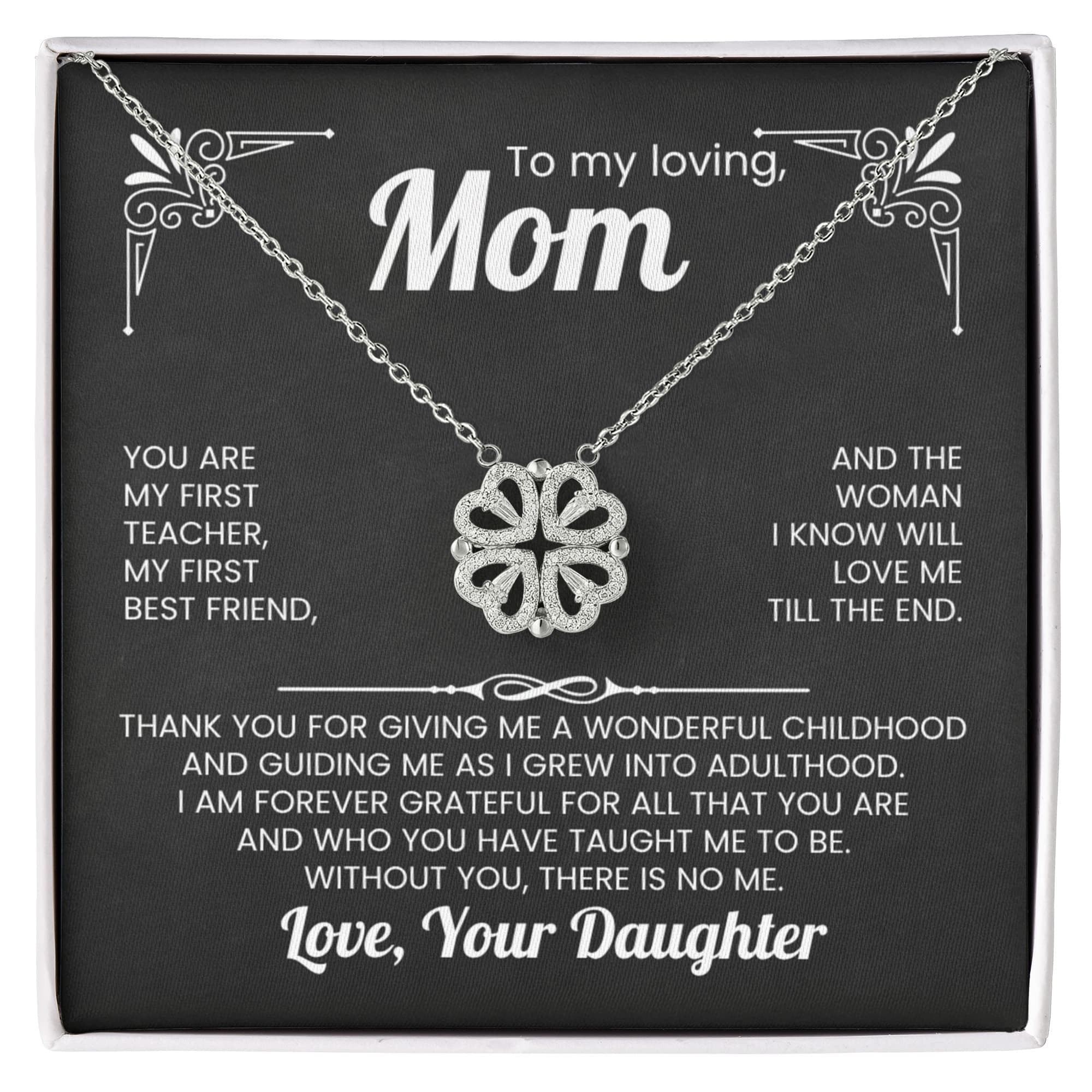 gift for mom from daughter, sentimental mom necklace, clover pendant necklace, lucky clover jewelry for mom, 