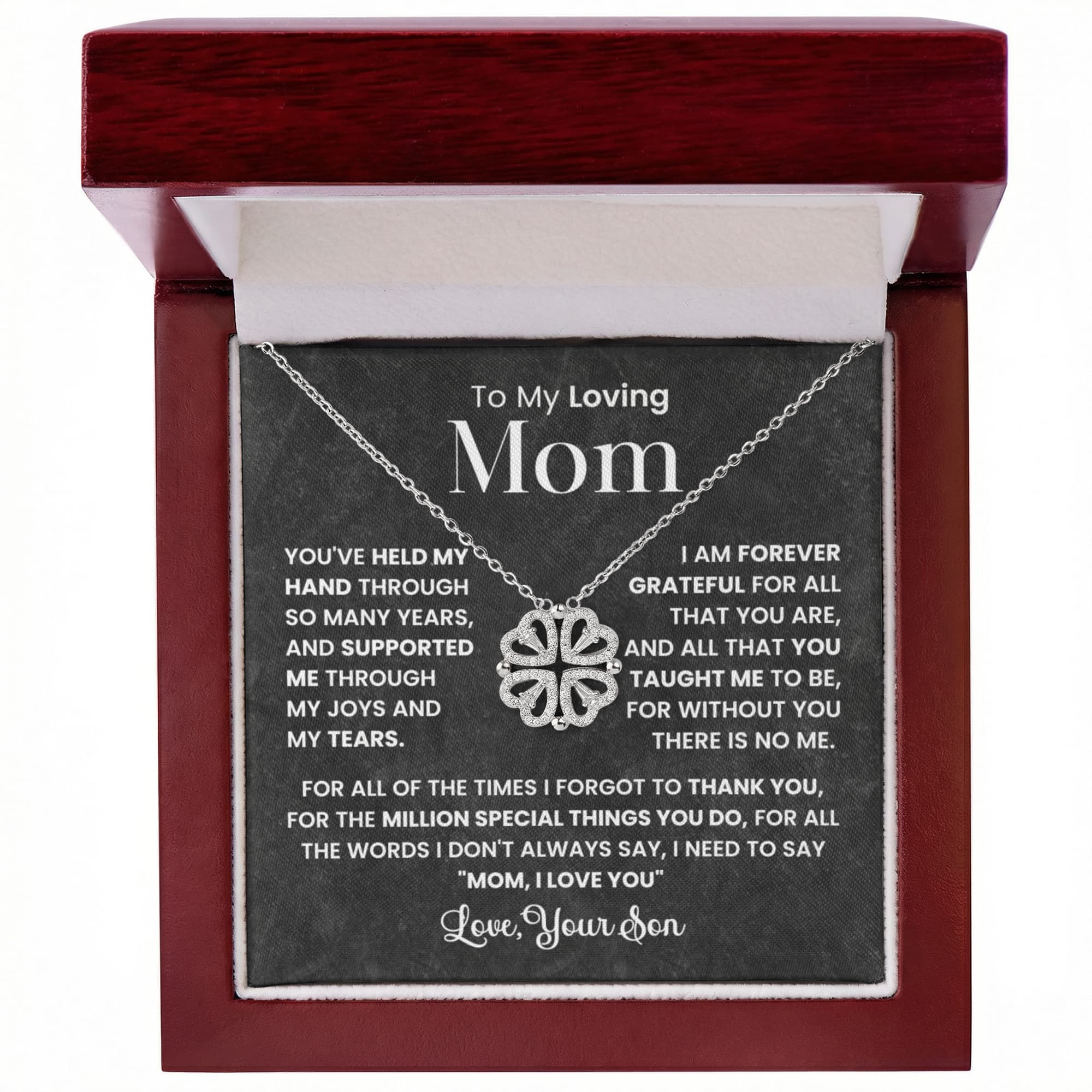 To My Loving Mom Necklace from Son, Magnetic Heart Clover Necklace,  Meaningful Gift for Mom