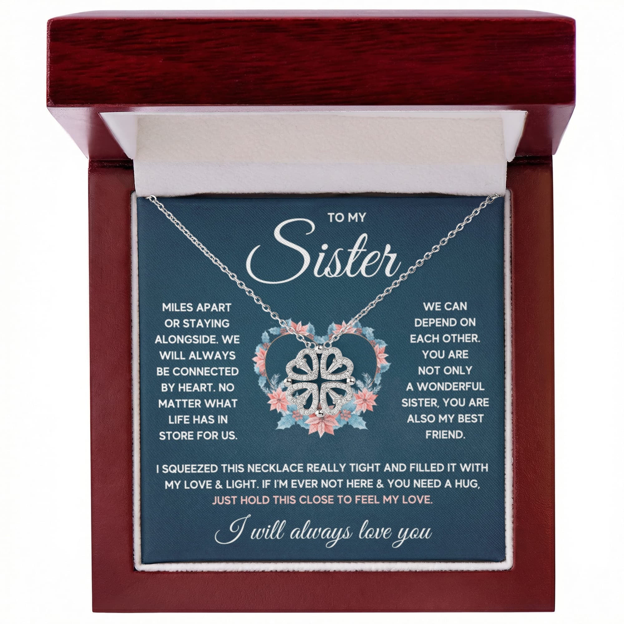 To My Sister Magnetic Heart Clover Necklace – Forever Connected Gift from Sister or Brother