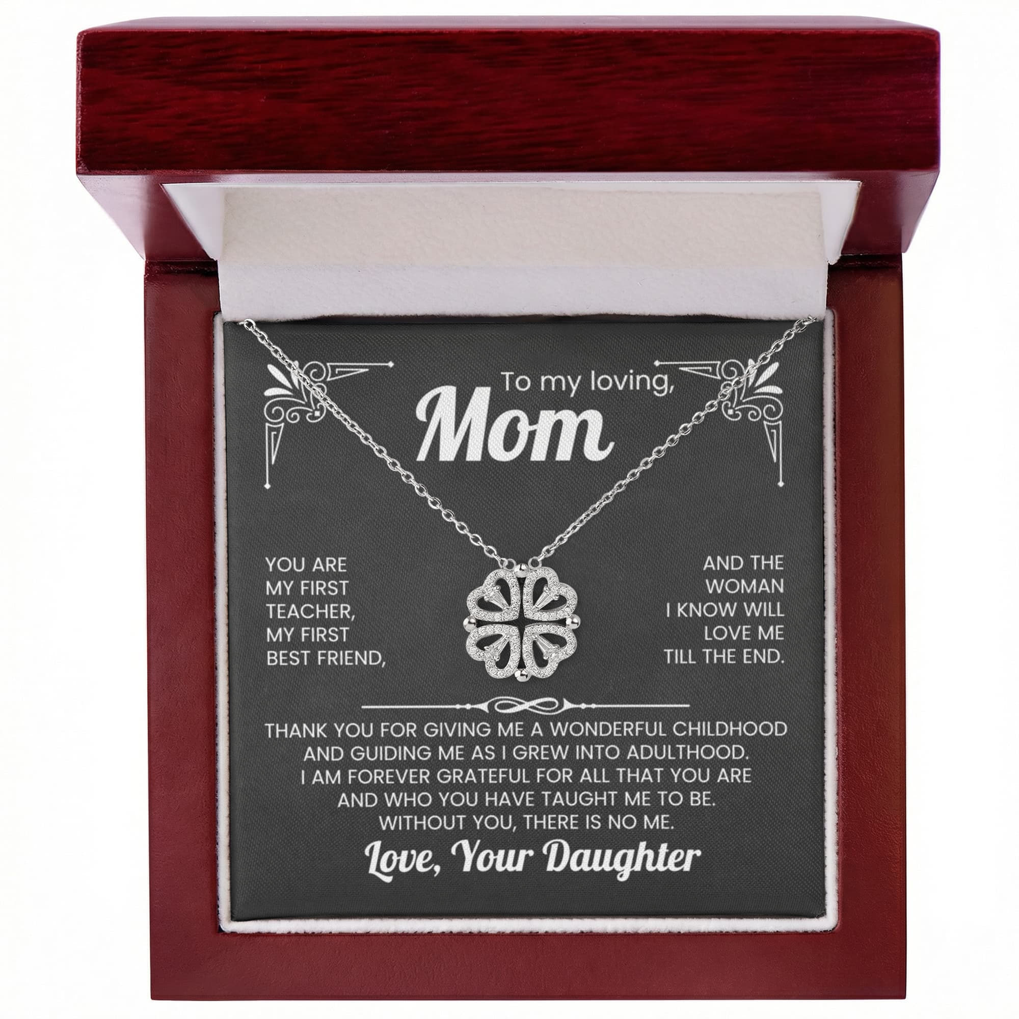 To My Mom Magnetic Hearts Necklace – Lucky Clover Pendant Gift – Crystal Heart Necklace for Mom Birthday, Mother's Day Gift