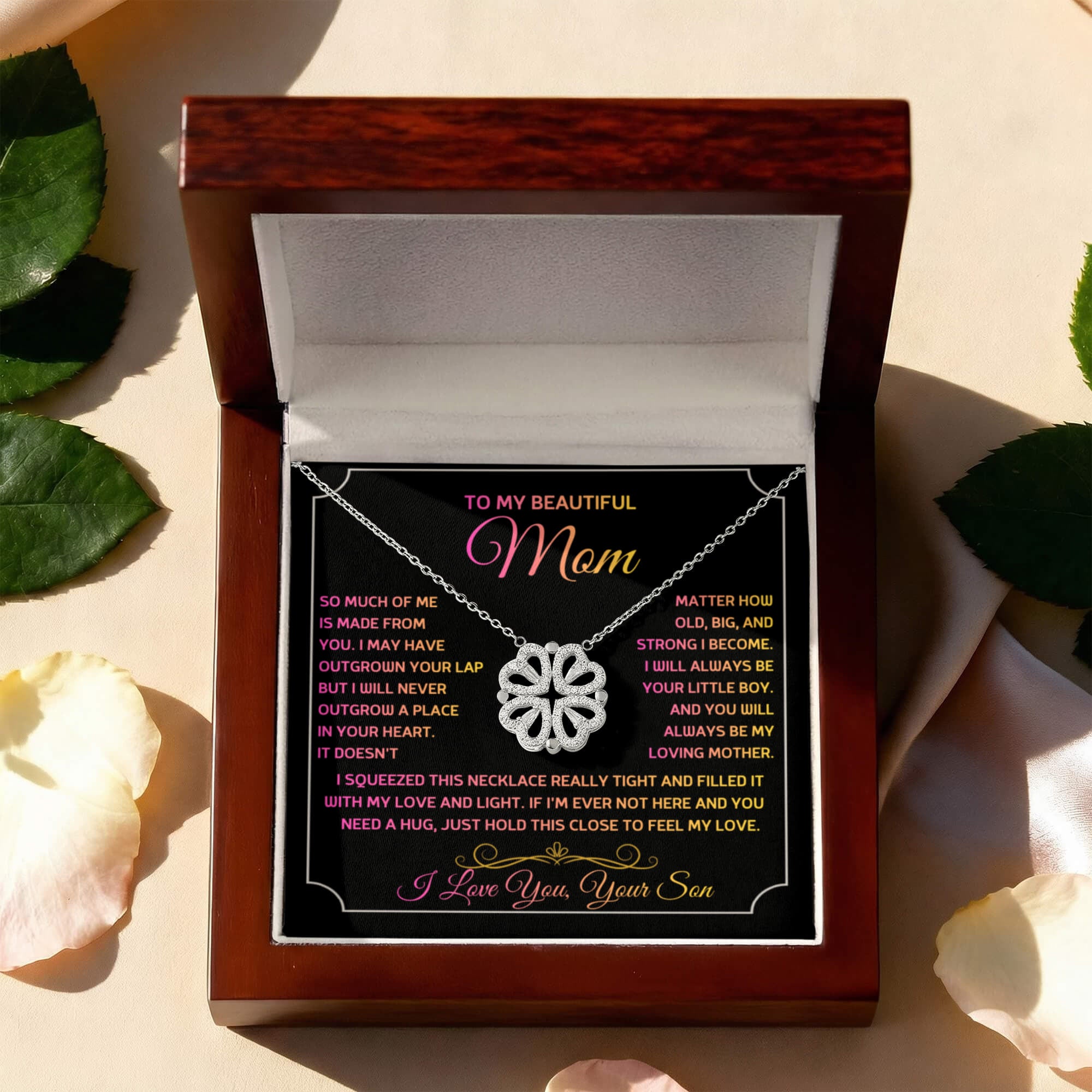 Magnetic Heart Clover Necklace for Mom, Crystal Hearts Lucky Clover Necklace, Meaningful Gift from Son