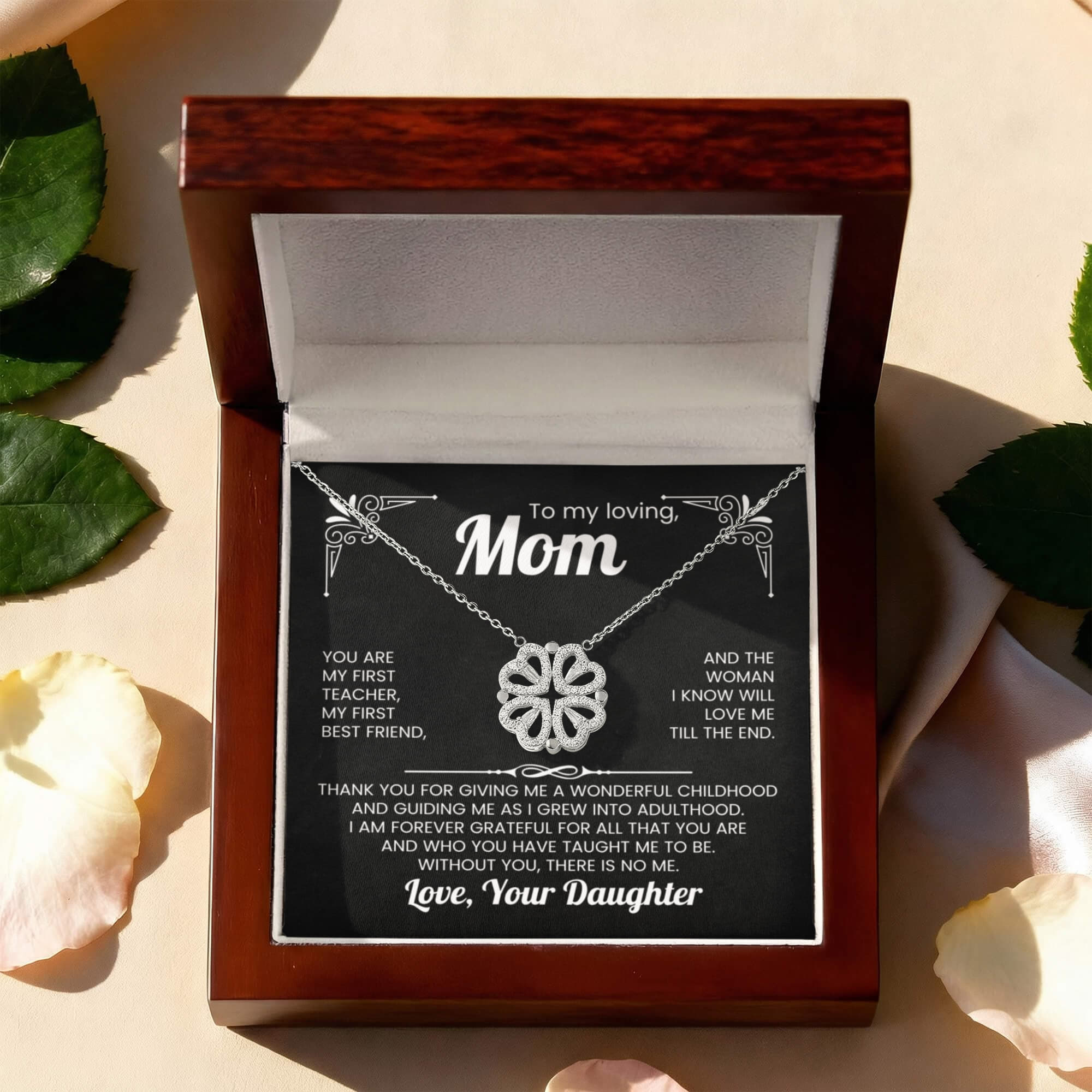 To My Mom Magnetic Hearts Necklace – Lucky Clover Pendant Gift – Crystal Heart Necklace for Mom Birthday, Mother's Day Gift