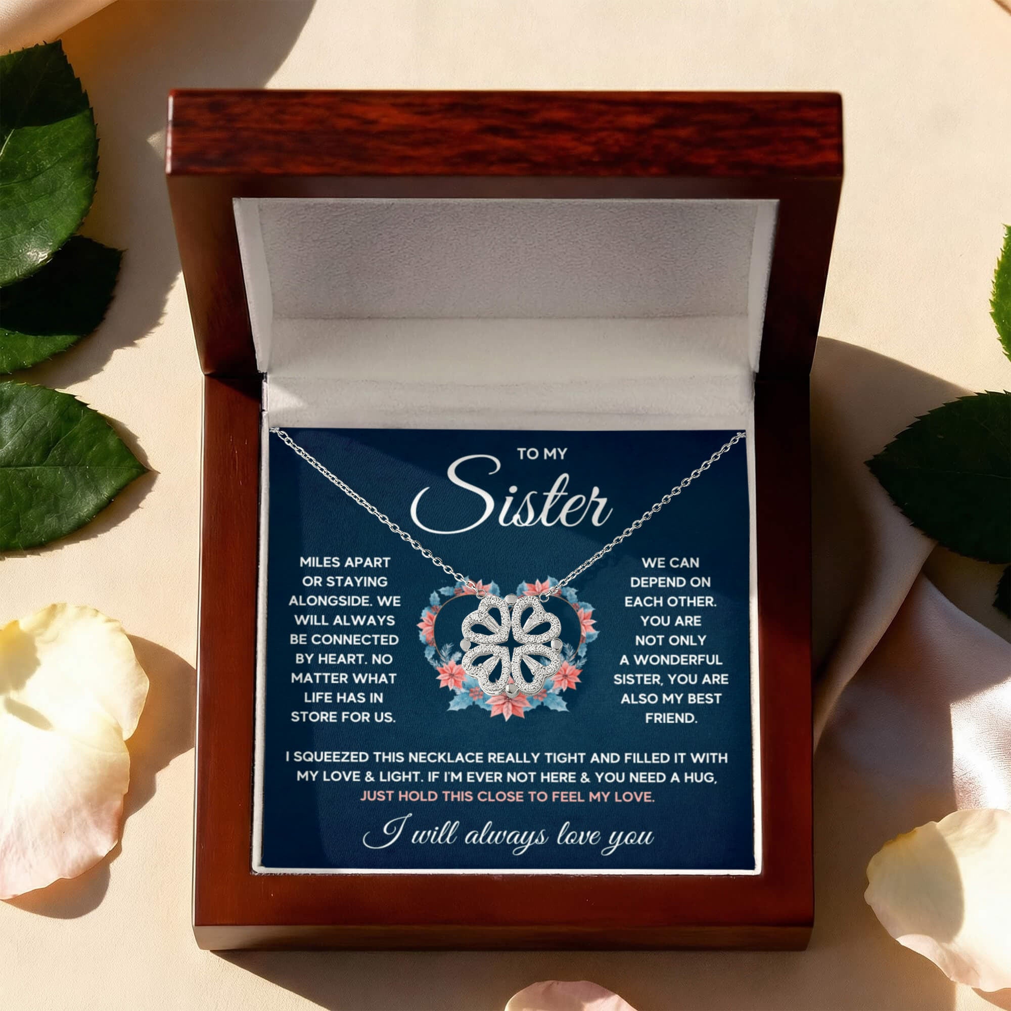 To My Sister Magnetic Heart Clover Necklace – Forever Connected Gift from Sister or Brother