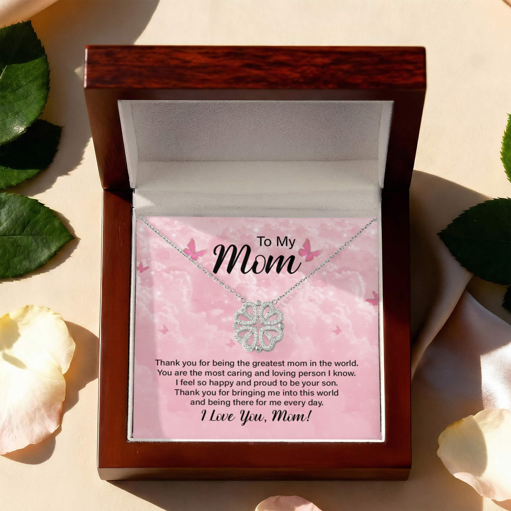 To My Mom – Magnetic Clover Heart Necklace, Meaningful Gift from Son
