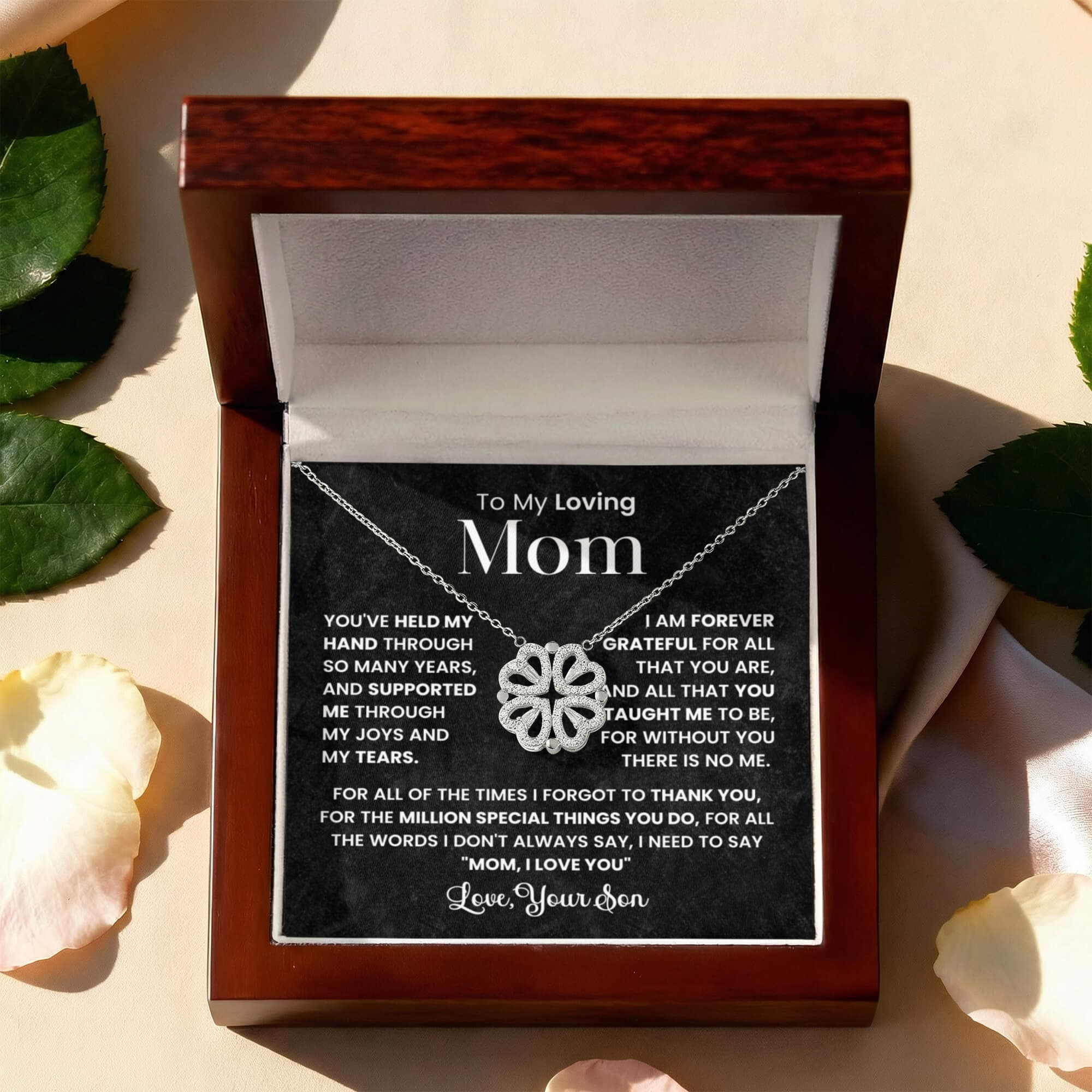 To My Loving Mom Necklace from Son, Magnetic Heart Clover Necklace,  Meaningful Gift for Mom