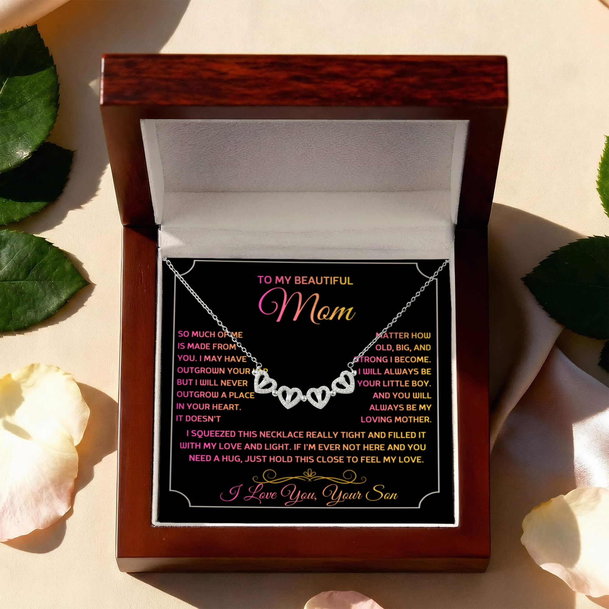 Magnetic Heart Clover Necklace for Mom, Crystal Hearts Lucky Clover Necklace, Meaningful Gift from Son