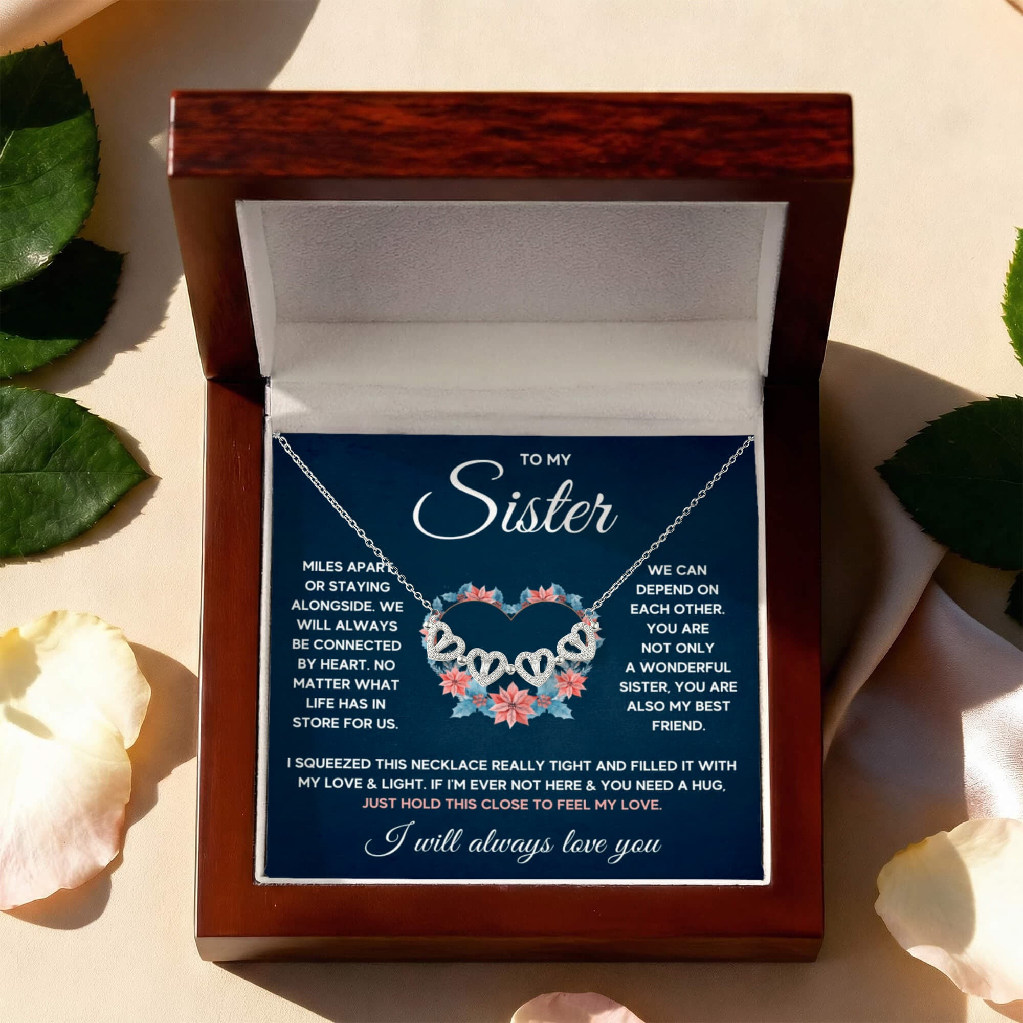 To My Sister Magnetic Heart Clover Necklace – Forever Connected Gift from Sister or Brother