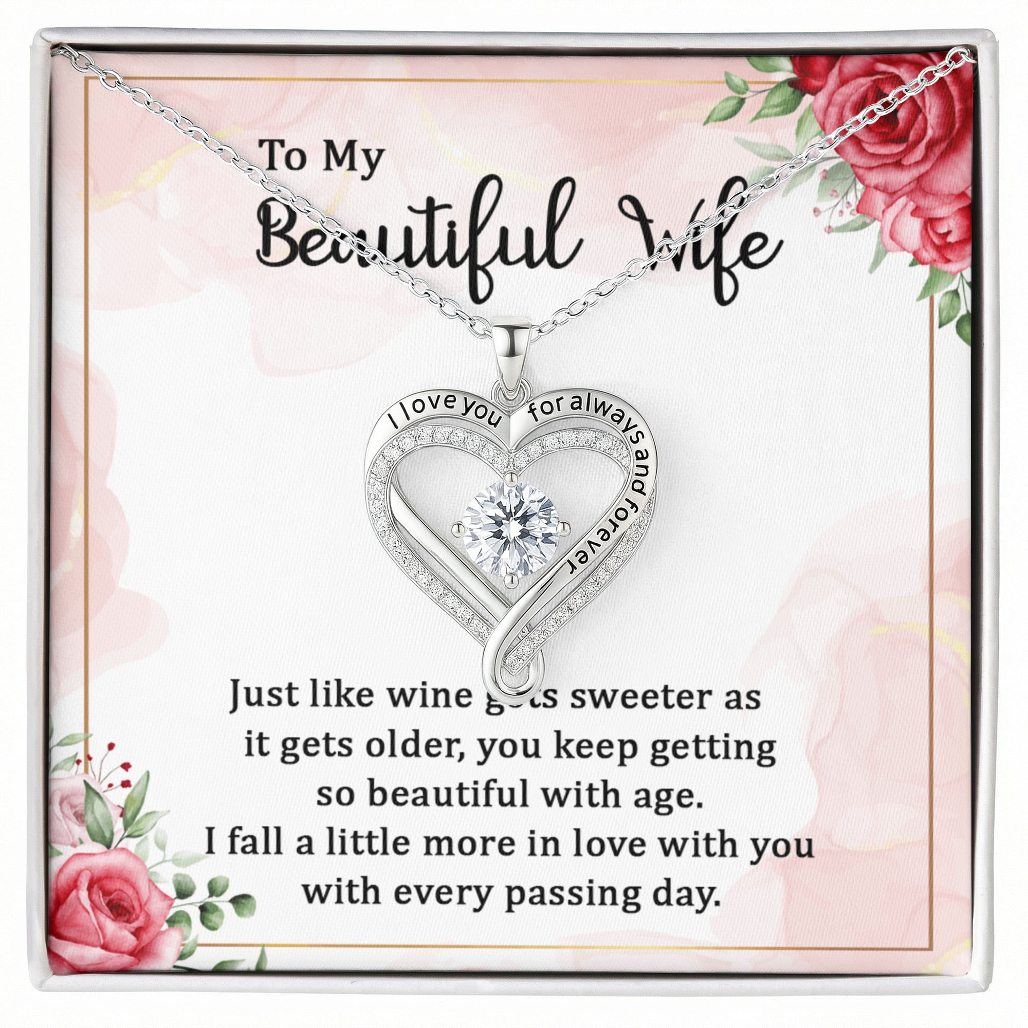 Love You Always Necklace for Wife – Romantic Heart Pendant Gift, “To My Beautiful Wife” Message Card Jewelry