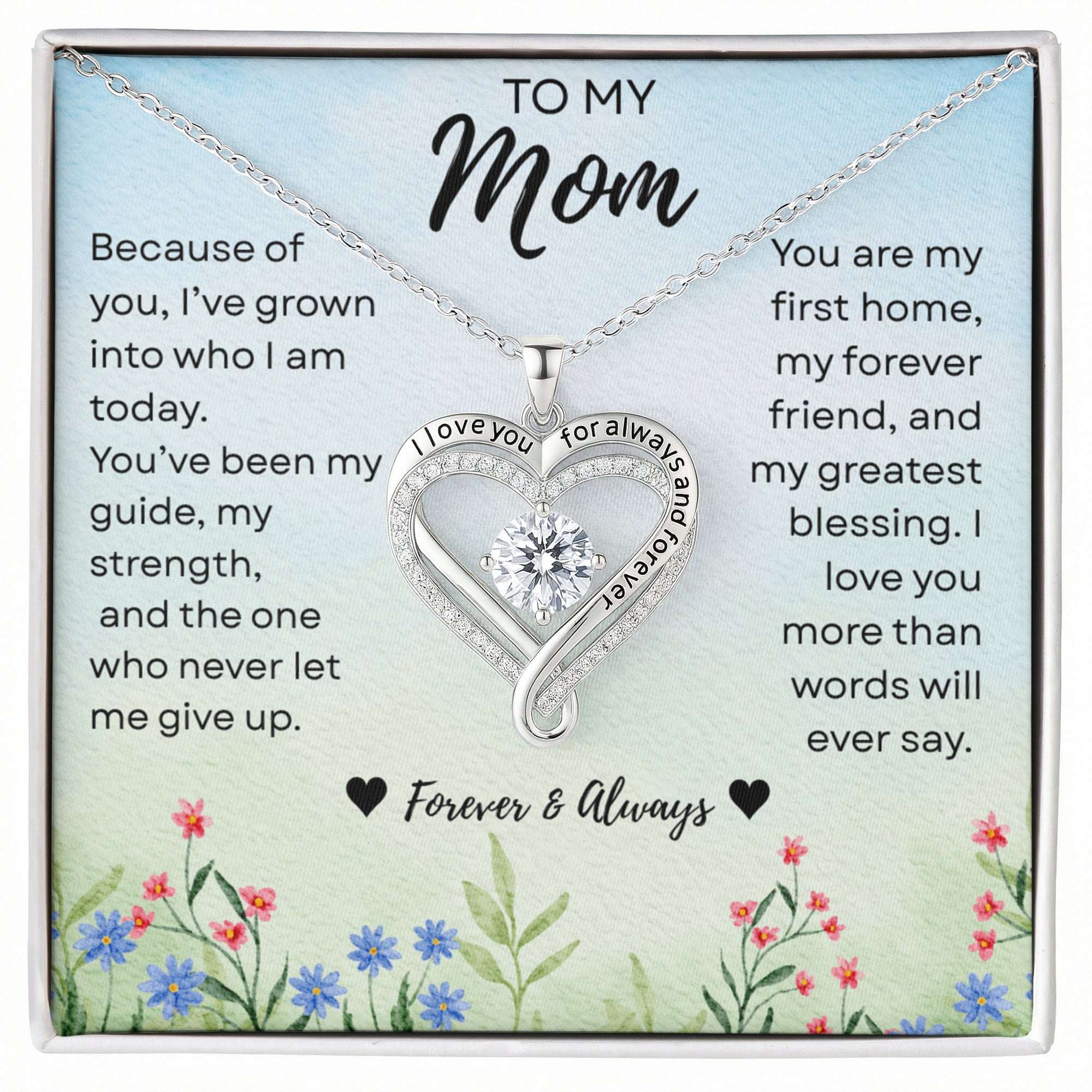 I Love You Always Necklace for Mom – Heart Pendant with Cubic Zirconia, Mother's Day Gift, Forever & Always Jewelry