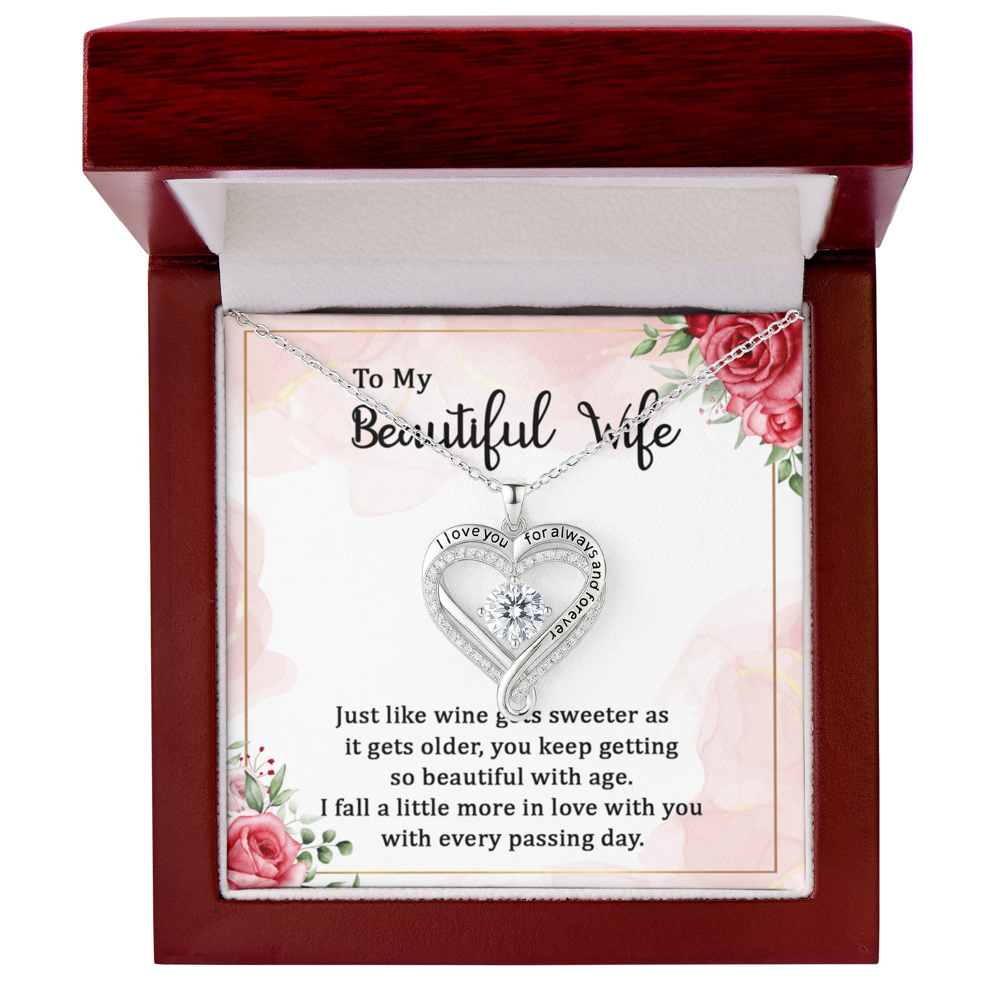 Love You Always Necklace for Wife – Romantic Heart Pendant Gift, “To My Beautiful Wife” Message Card Jewelry