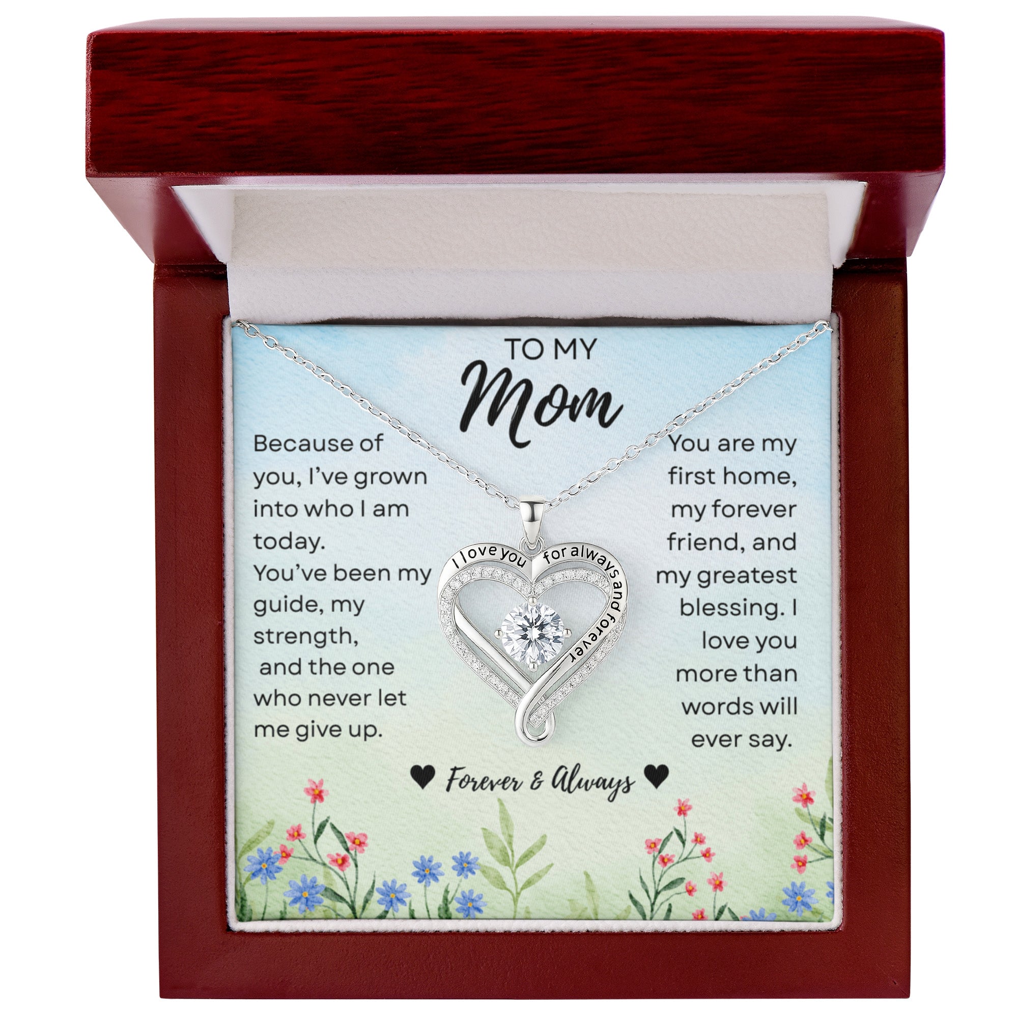 I Love You Always Necklace for Mom – Heart Pendant with Cubic Zirconia, Mother's Day Gift, Forever & Always Jewelry