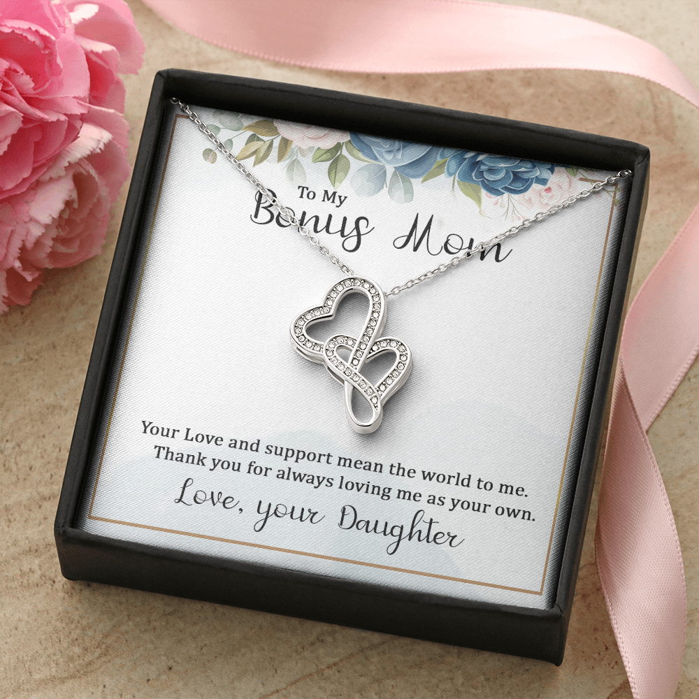 To My Bonus Mom Necklace – Heart to Heart Pendant Gift from Daughter, Meaningful Stepmom Jewelry, Thank You Gift for Bonus Mom