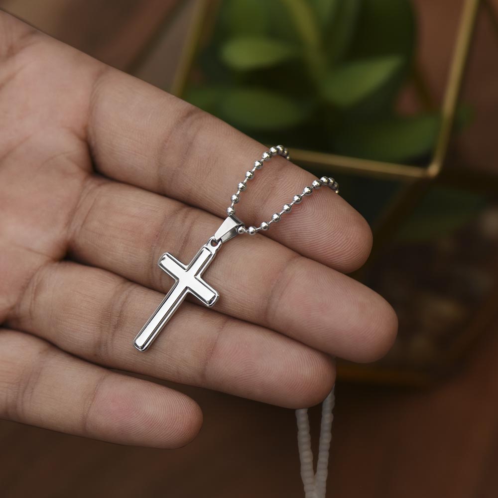 Stainless steel cross necklace with ball chain gift for stepmom held in hand