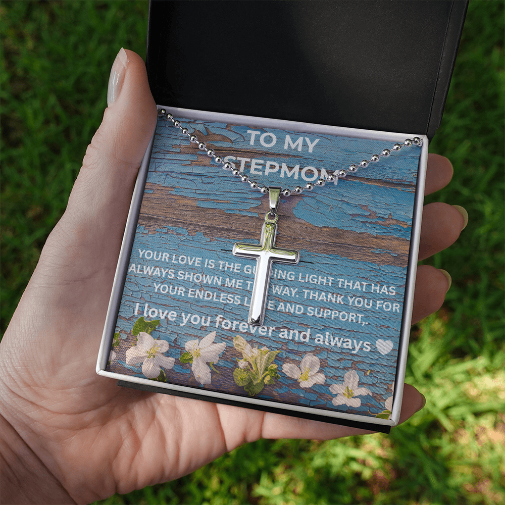 “To My Stepmom cross necklace gift with heartfelt message card about love and support”