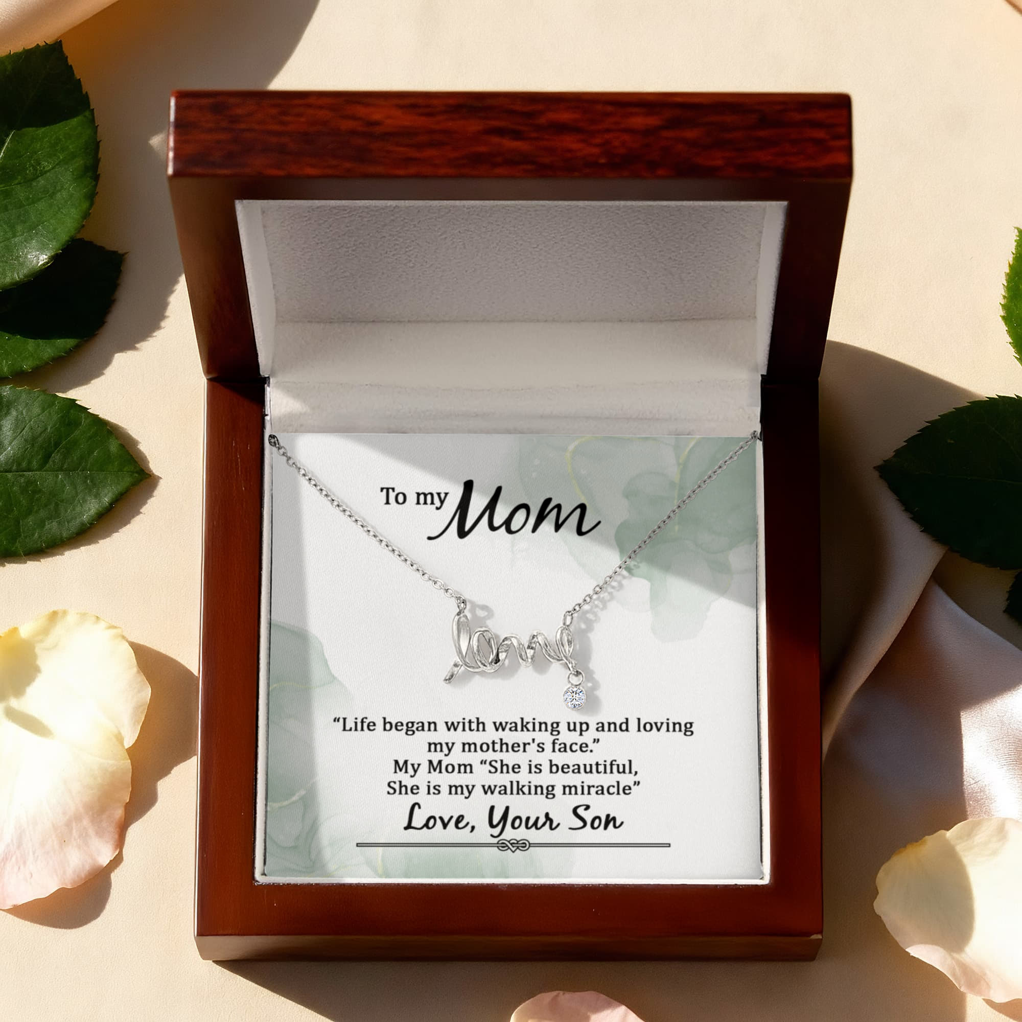 Love Script Necklace for Mom – Dainty “Love” Pendant Gift from Son, Meaningful Jewelry for Mother