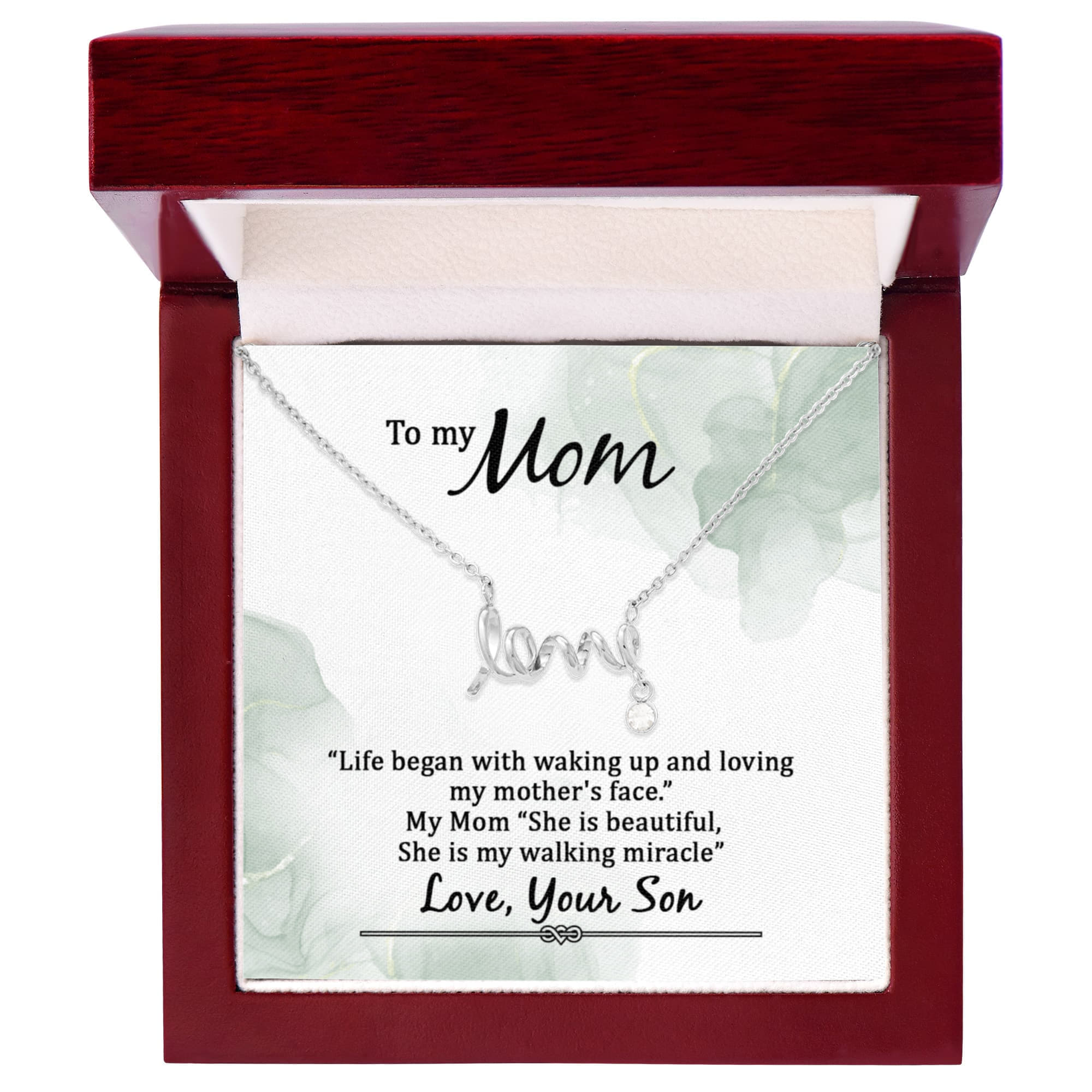Love Script Necklace for Mom – Dainty “Love” Pendant Gift from Son, Meaningful Jewelry for Mother