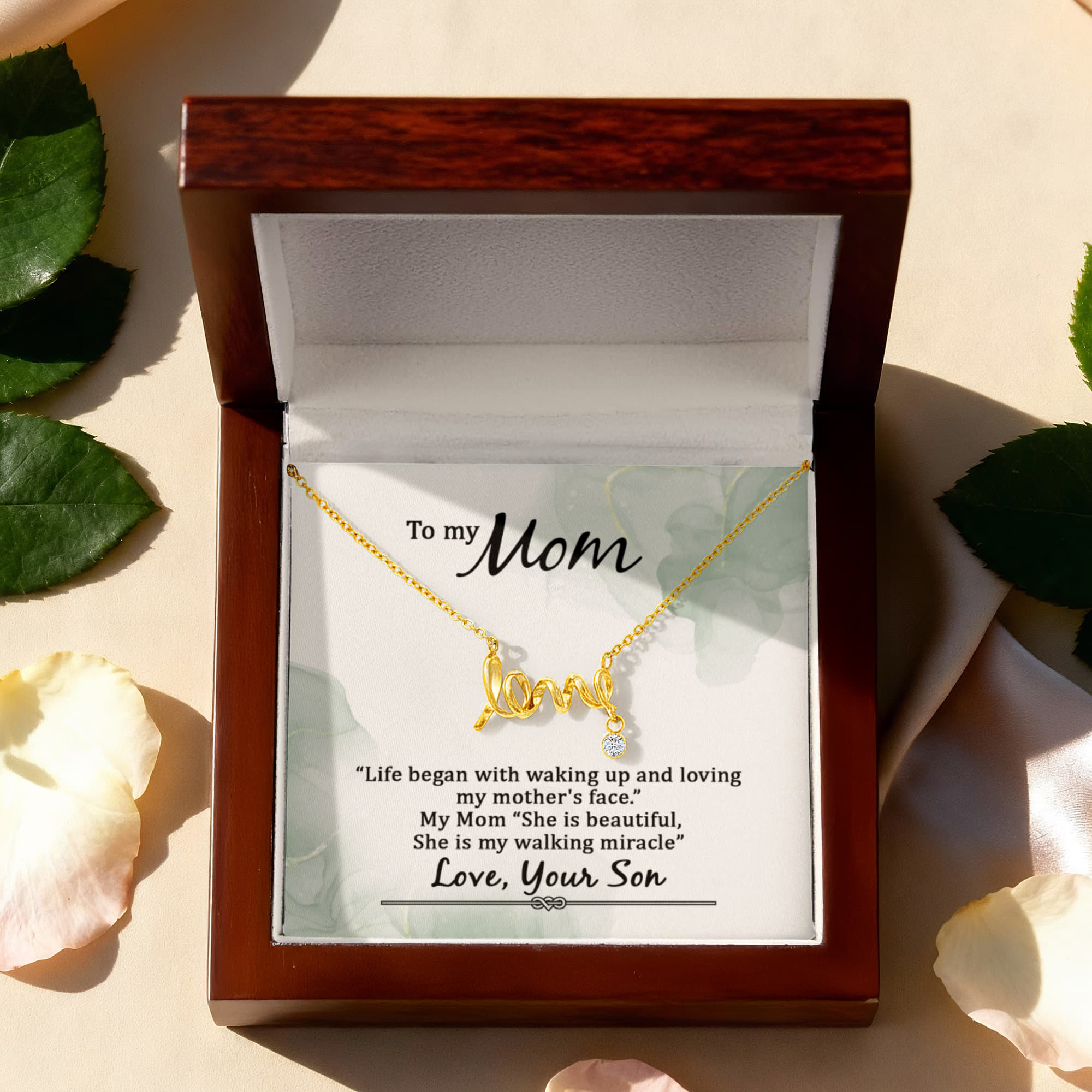 Love Script Necklace for Mom – Dainty “Love” Pendant Gift from Son, Meaningful Jewelry for Mother