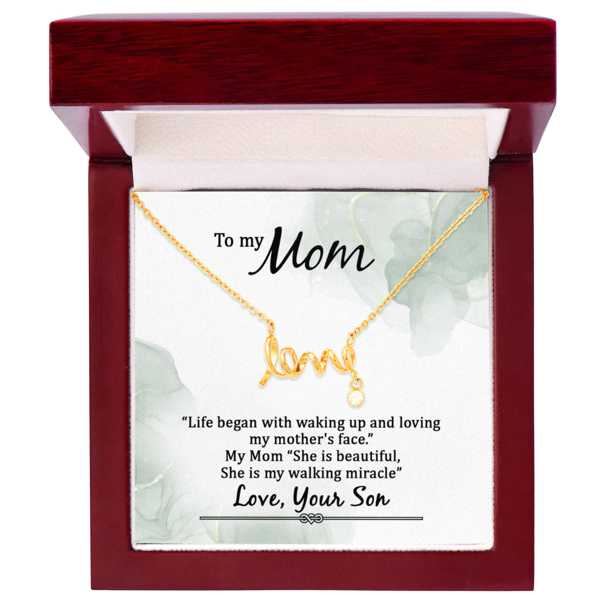 Love Script Necklace for Mom – Dainty “Love” Pendant Gift from Son, Meaningful Jewelry for Mother