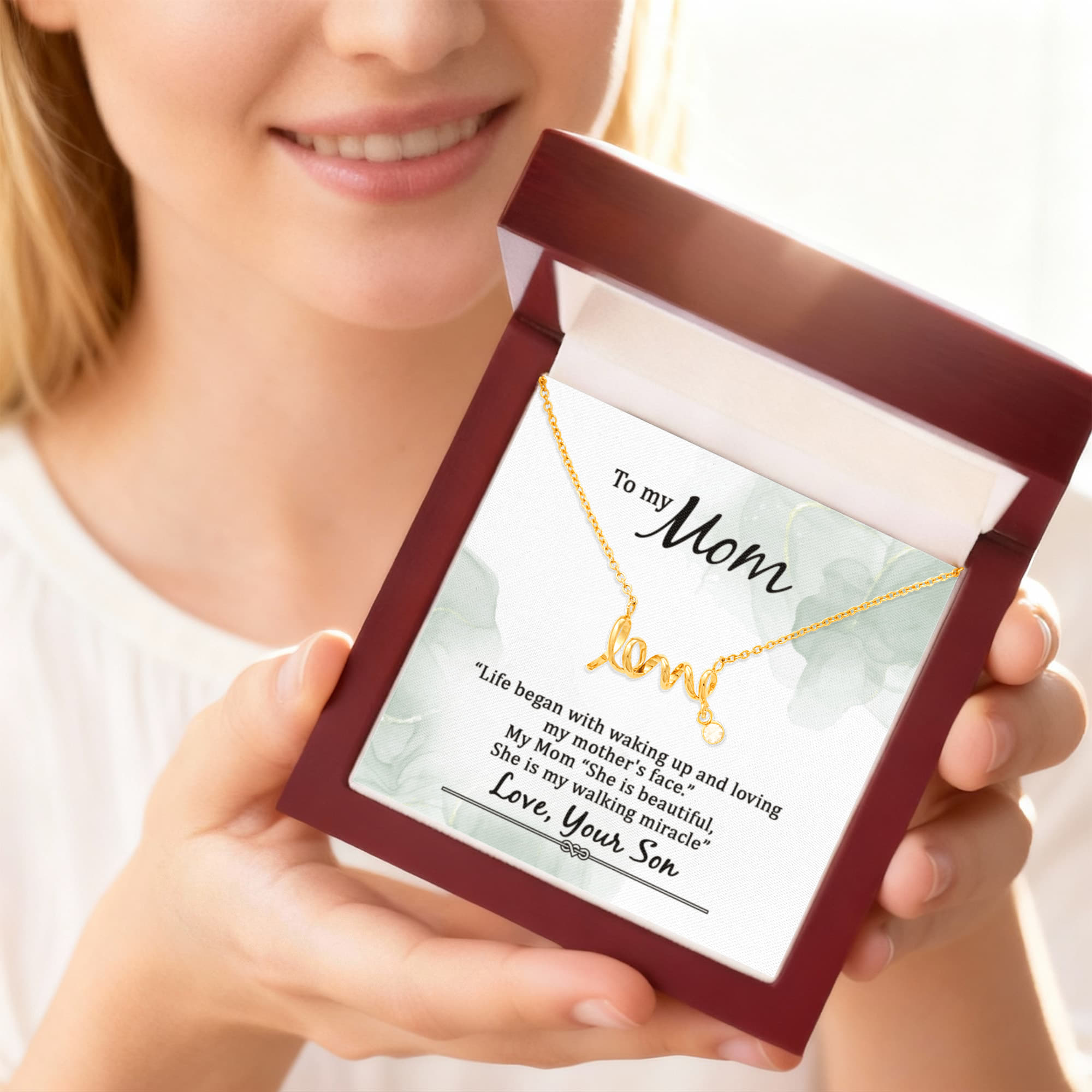 Love Script Necklace for Mom – Dainty “Love” Pendant Gift from Son, Meaningful Jewelry for Mother