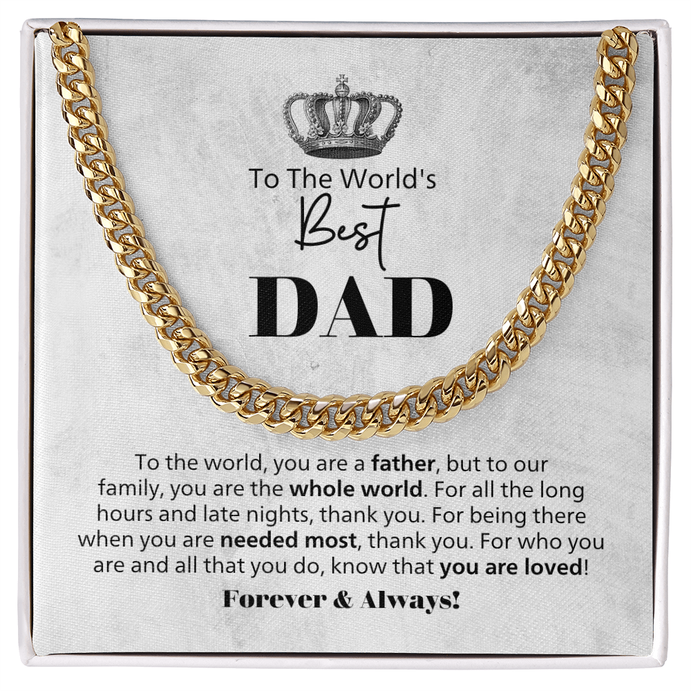 World's Best Dad Cuban Link Chain Necklace – Father Gift from Family – Men's Stainless Steel Chain with Message Card
