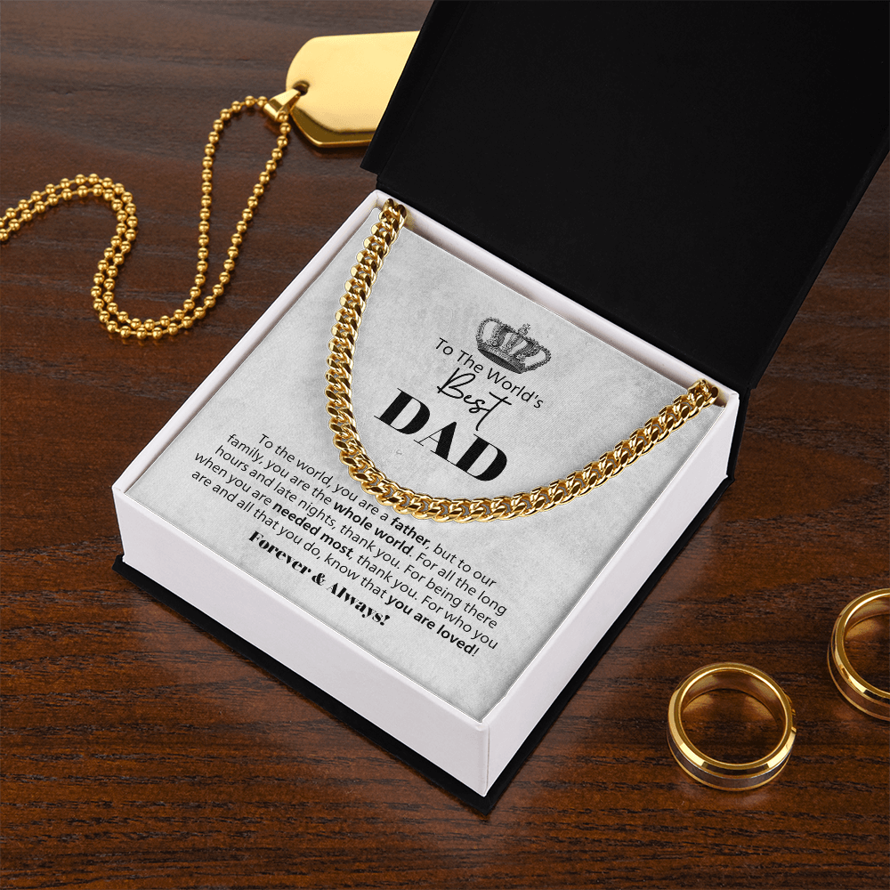 World's Best Dad Cuban Link Chain Necklace – Father Gift from Family – Men's Stainless Steel Chain with Message Card