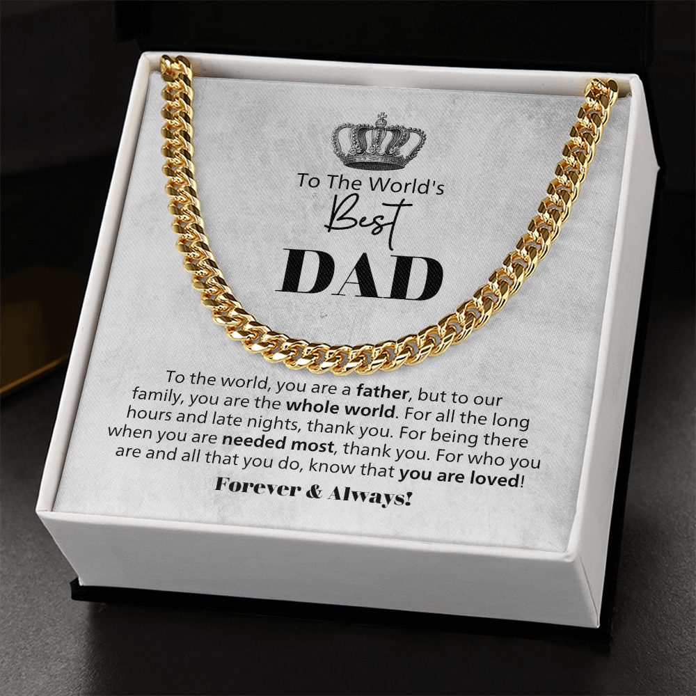 World's Best Dad Cuban Link Chain Necklace – Father Gift from Family – Men's Stainless Steel Chain with Message Card