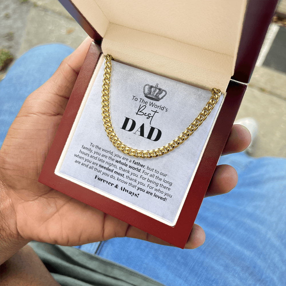 World's Best Dad Cuban Link Chain Necklace – Father Gift from Family – Men's Stainless Steel Chain with Message Card