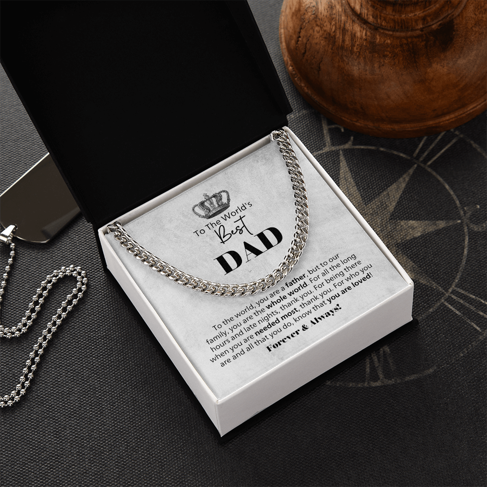 World's Best Dad Cuban Link Chain Necklace – Father Gift from Family – Men's Stainless Steel Chain with Message Card