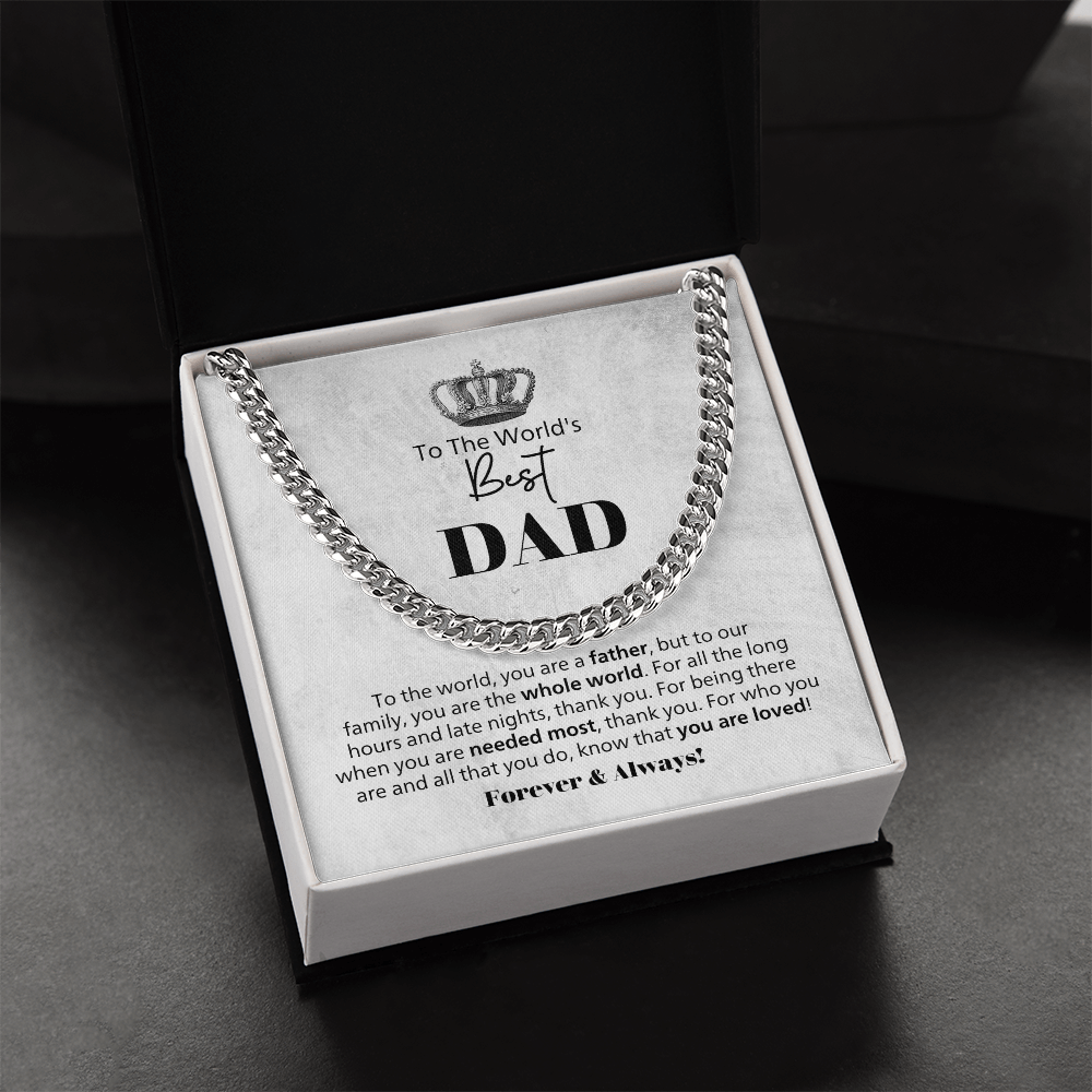 World's Best Dad Cuban Link Chain Necklace – Father Gift from Family – Men's Stainless Steel Chain with Message Card