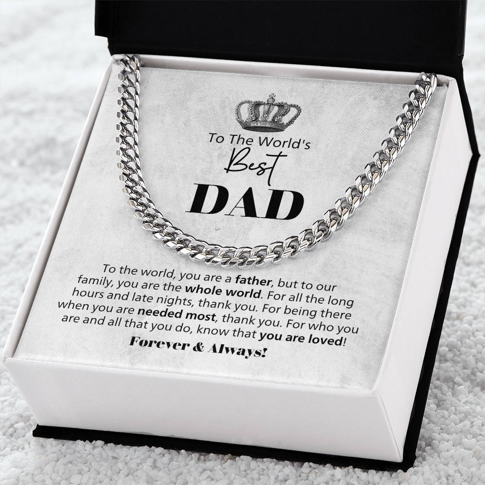World's Best Dad Cuban Link Chain Necklace – Father Gift from Family – Men's Stainless Steel Chain with Message Card