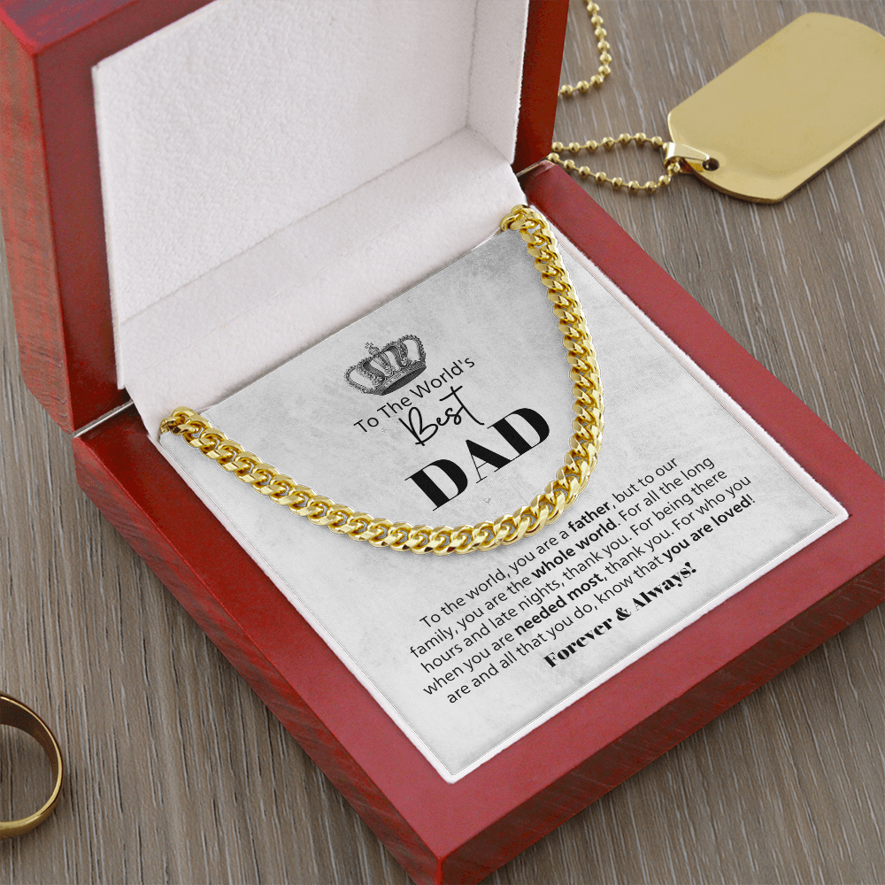 World's Best Dad Cuban Link Chain Necklace – Father Gift from Family – Men's Stainless Steel Chain with Message Card