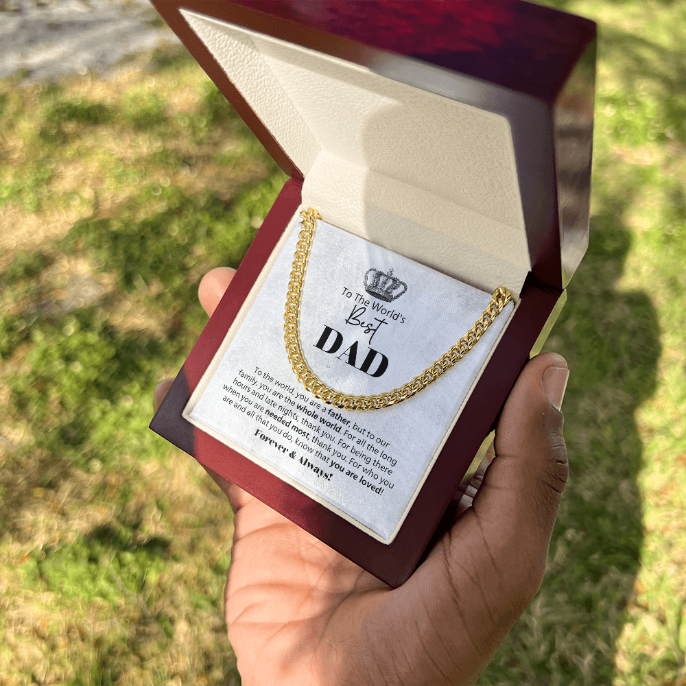 World's Best Dad Cuban Link Chain Necklace – Father Gift from Family – Men's Stainless Steel Chain with Message Card