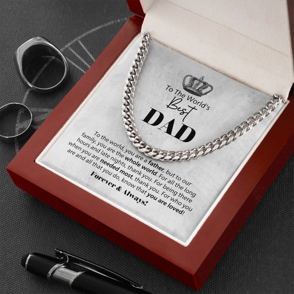 World's Best Dad Cuban Link Chain Necklace – Father Gift from Family – Men's Stainless Steel Chain with Message Card