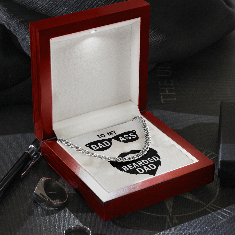 Luxury dad gift featuring gold Cuban link chain and bearded dad message card