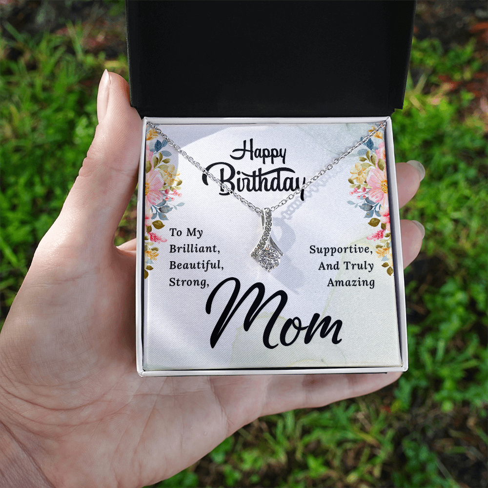 Happy Birthday Mom Necklace – Alluring Beauty Ribbon Pendant Gift for Mom, Elegant Birthday Jewelry from Daughter or Son