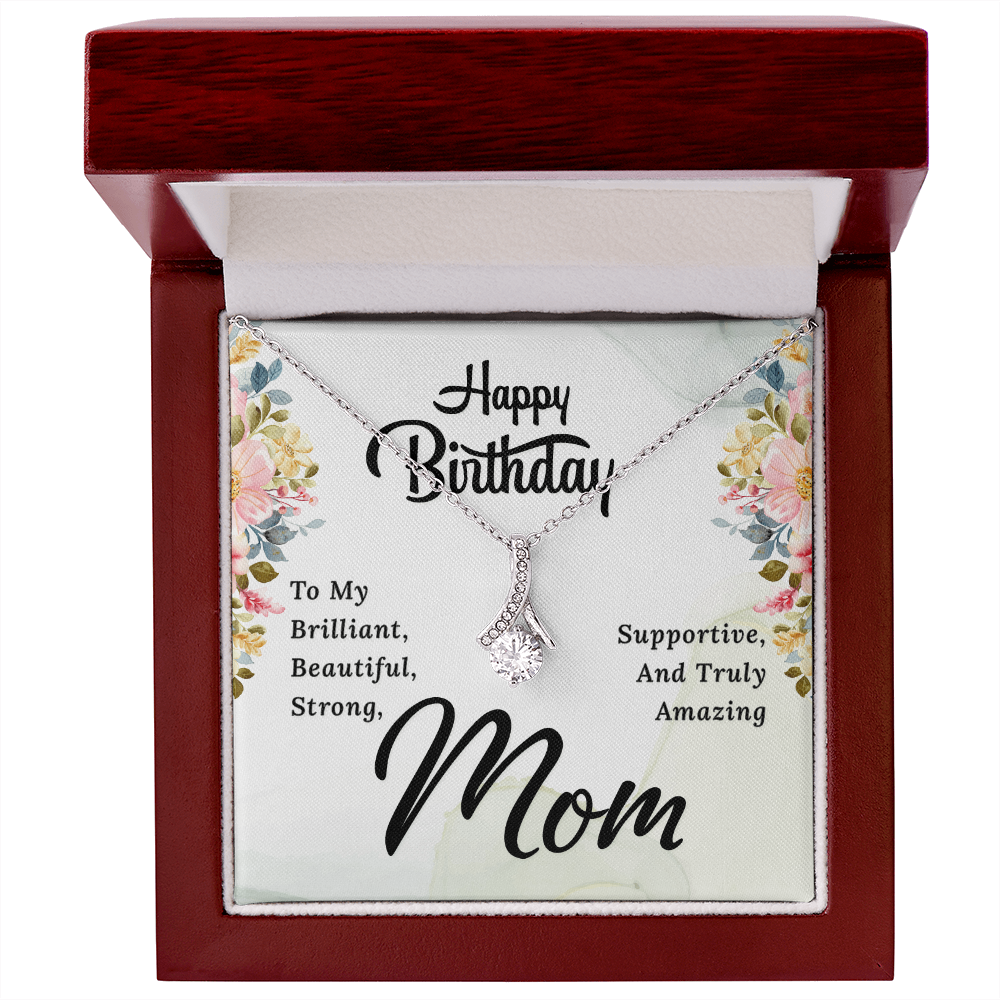 Happy Birthday Mom Necklace – Alluring Beauty Ribbon Pendant Gift for Mom, Elegant Birthday Jewelry from Daughter or Son