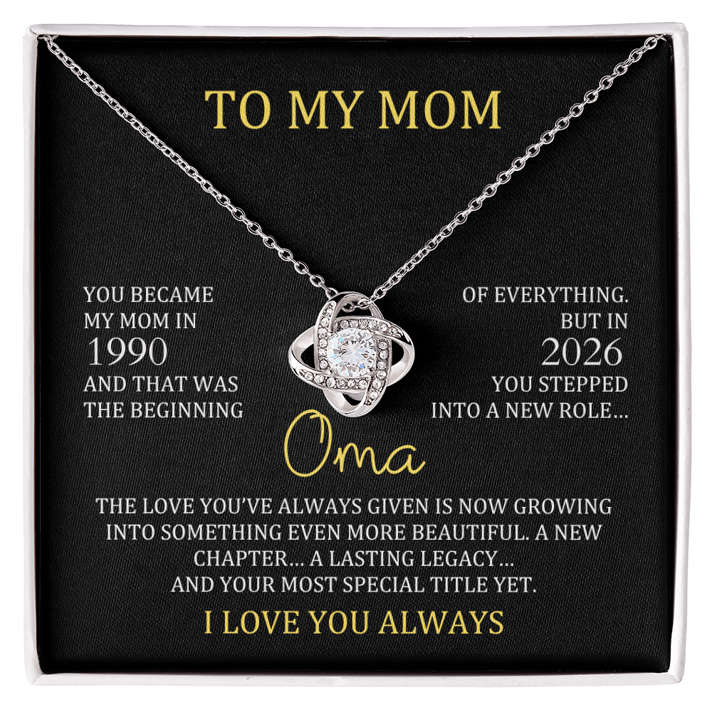 oma necklace gift from daughter with personalized mom and oma years, love knot necklace for new grandma