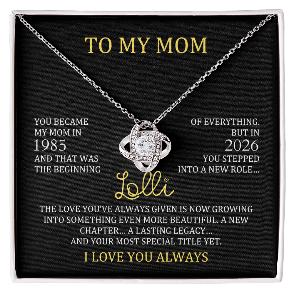 lolli necklace gift from daughter with personalized mom and lolli years, love knot necklace for new grandma