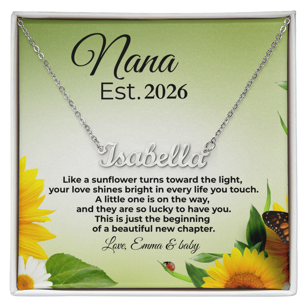 Personalized Nana Est year name necklace pregnancy reveal gift with sunflower message card