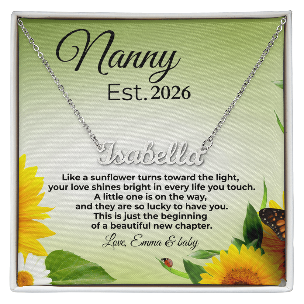 Personalized Nanny name necklace with Est year sunflower message card pregnancy reveal gift