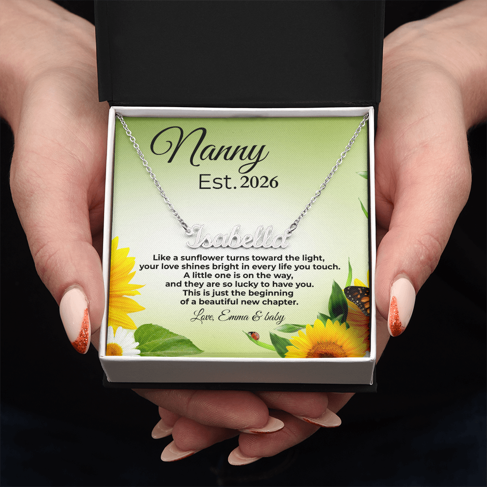 Personalized Nanny Est. Year Name Necklace – First Time Nanny Gift, Pregnancy Reveal Jewelry