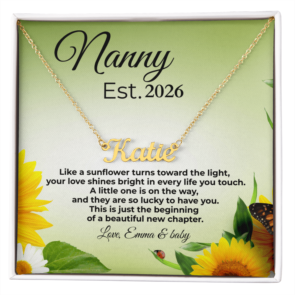 Personalized Nanny Est. Year Name Necklace – First Time Nanny Gift, Pregnancy Reveal Jewelry