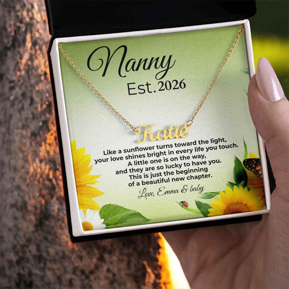 Personalized Nanny Est. Year Name Necklace – First Time Nanny Gift, Pregnancy Reveal Jewelry