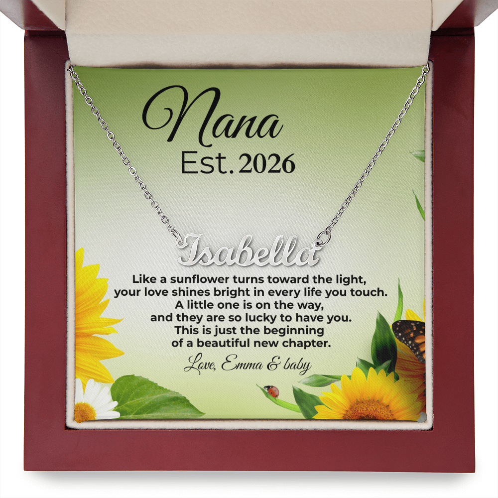 Personalized Nana Est. Year Name Necklace – First Time Nana Gift, Pregnancy Reveal Jewelry