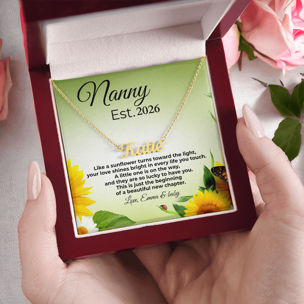 Personalized Nanny Est. Year Name Necklace – First Time Nanny Gift, Pregnancy Reveal Jewelry