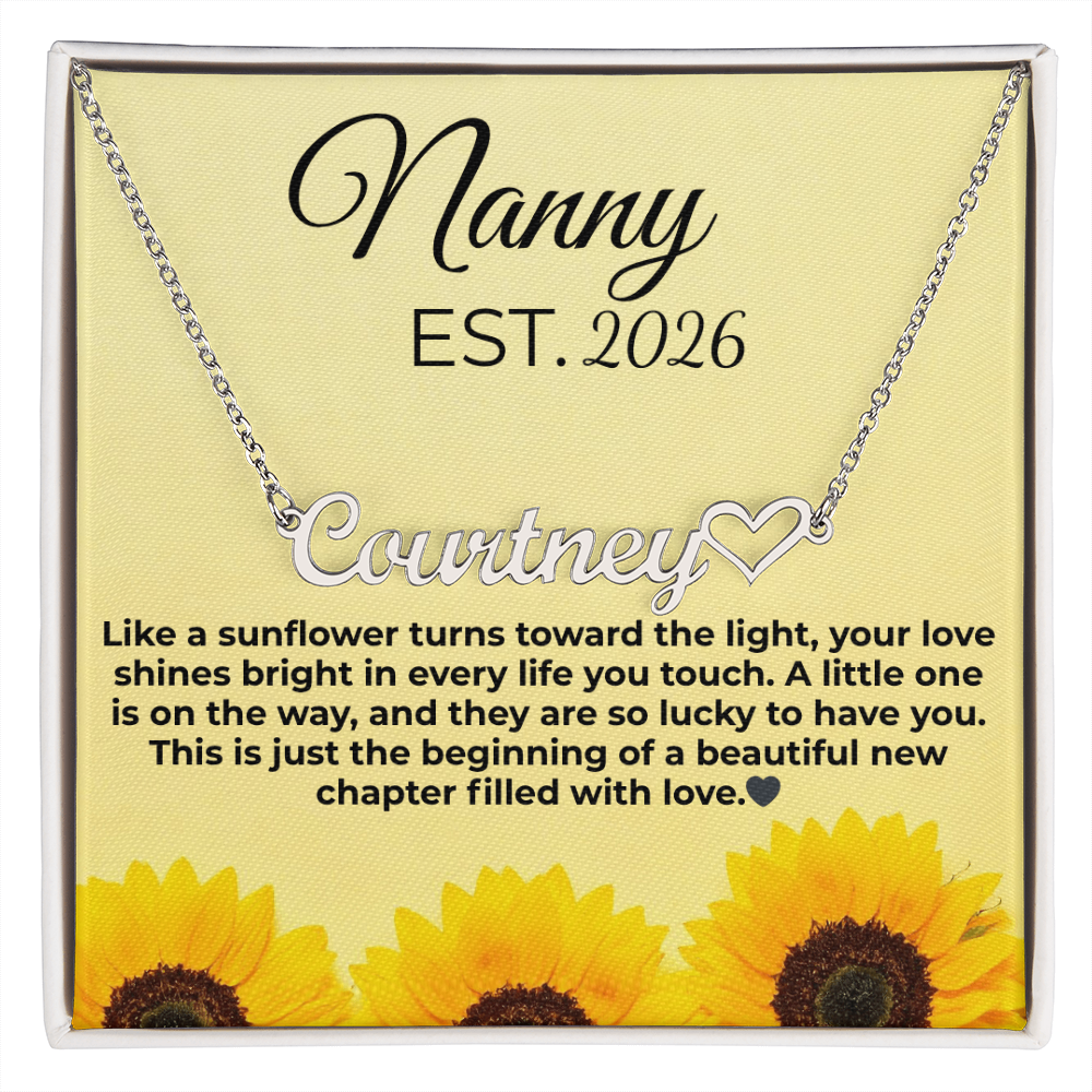 Personalized Nanny EST Necklace with Custom Name – Sunflower Message Card Gift for Grandma, Pregnancy Reveal, New Nanny Gift