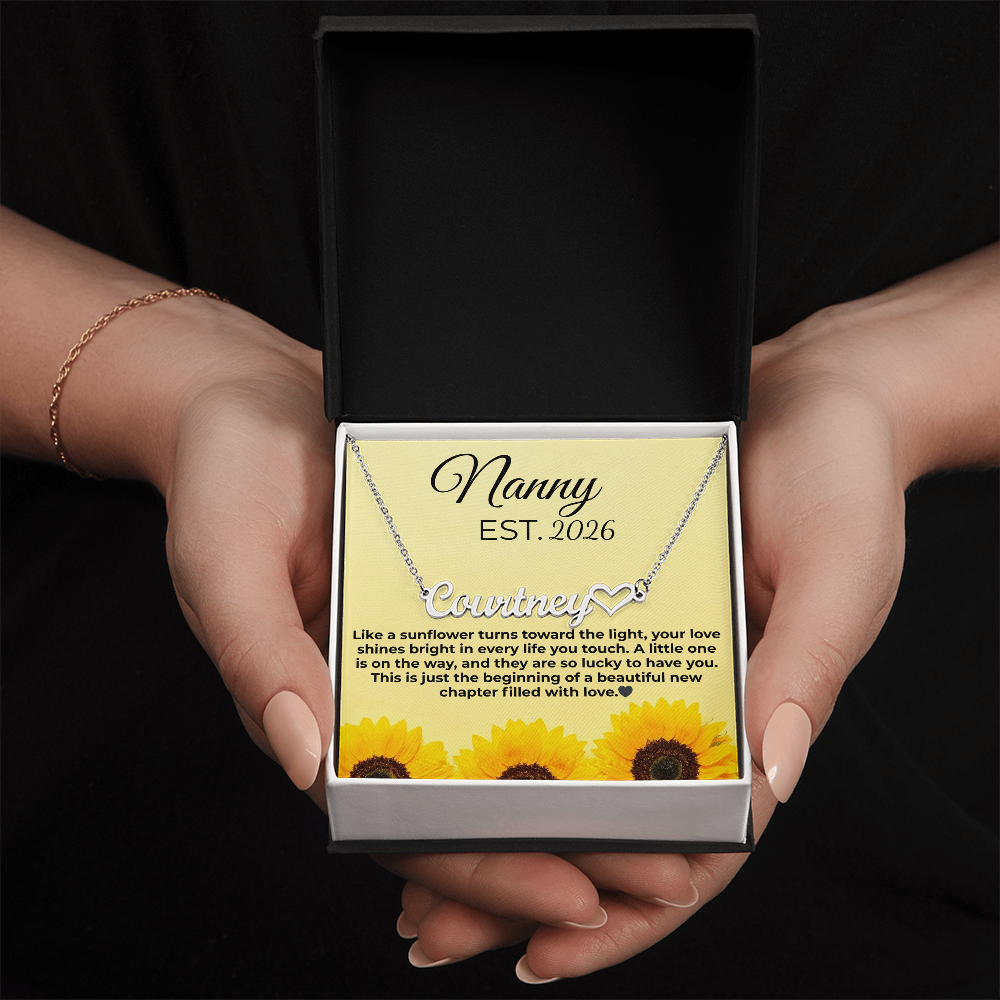 Personalized Nanny EST Necklace with Custom Name – Sunflower Message Card Gift for Grandma, Pregnancy Reveal, New Nanny Gift