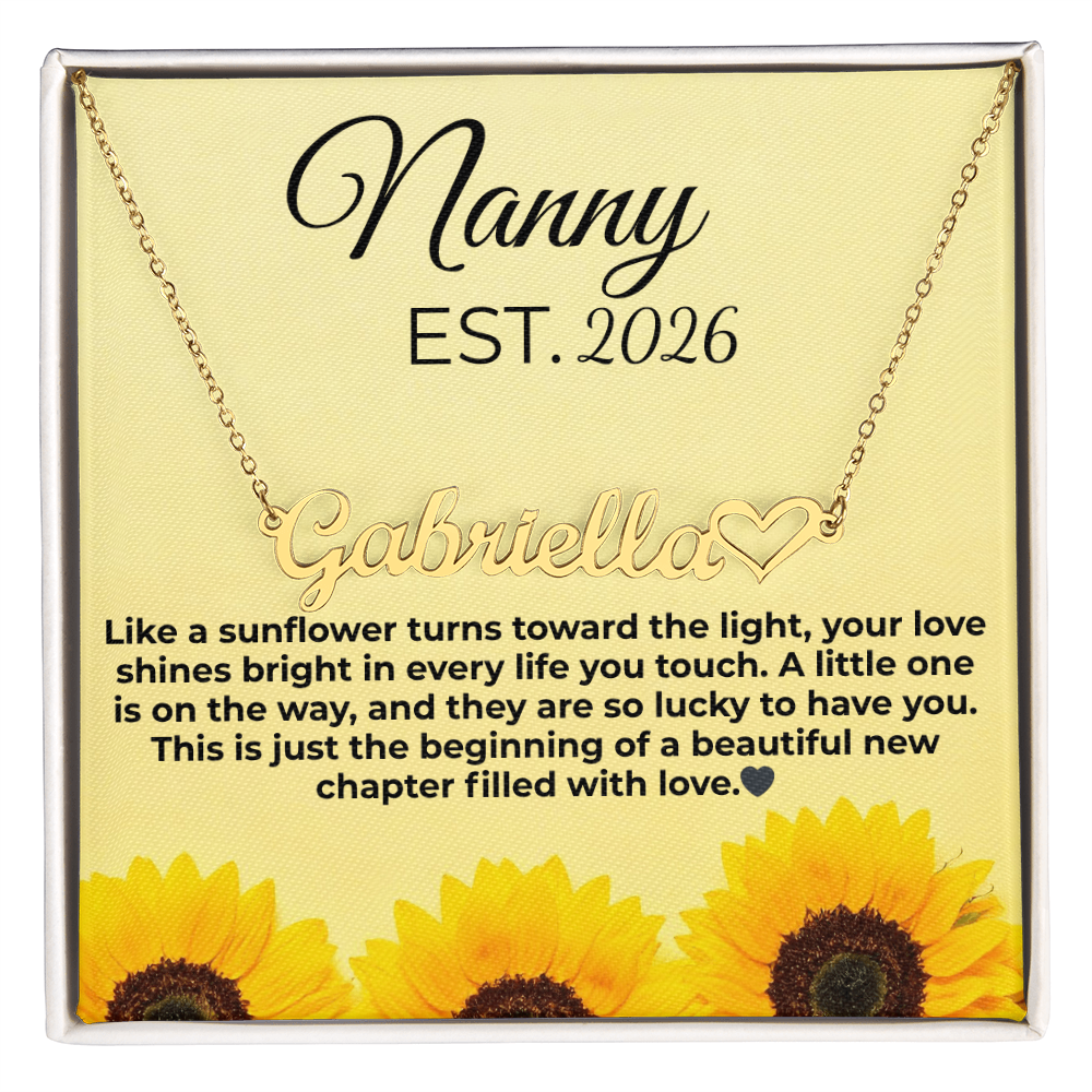 Personalized Nanny EST Necklace with Custom Name – Sunflower Message Card Gift for Grandma, Pregnancy Reveal, New Nanny Gift