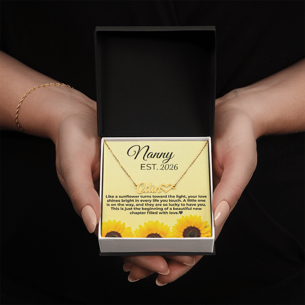Personalized Nanny EST Necklace with Custom Name – Sunflower Message Card Gift for Grandma, Pregnancy Reveal, New Nanny Gift